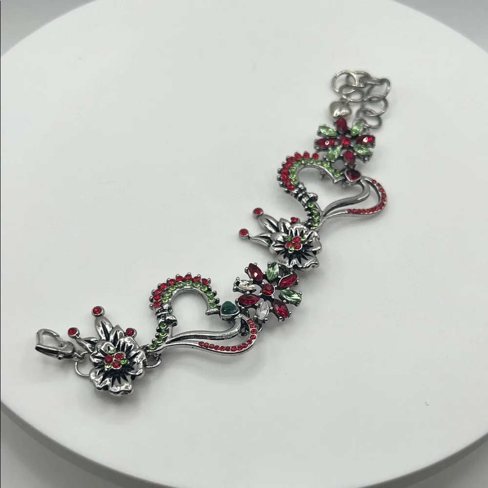 316. Elegant Silver and Red Floral Bracelet